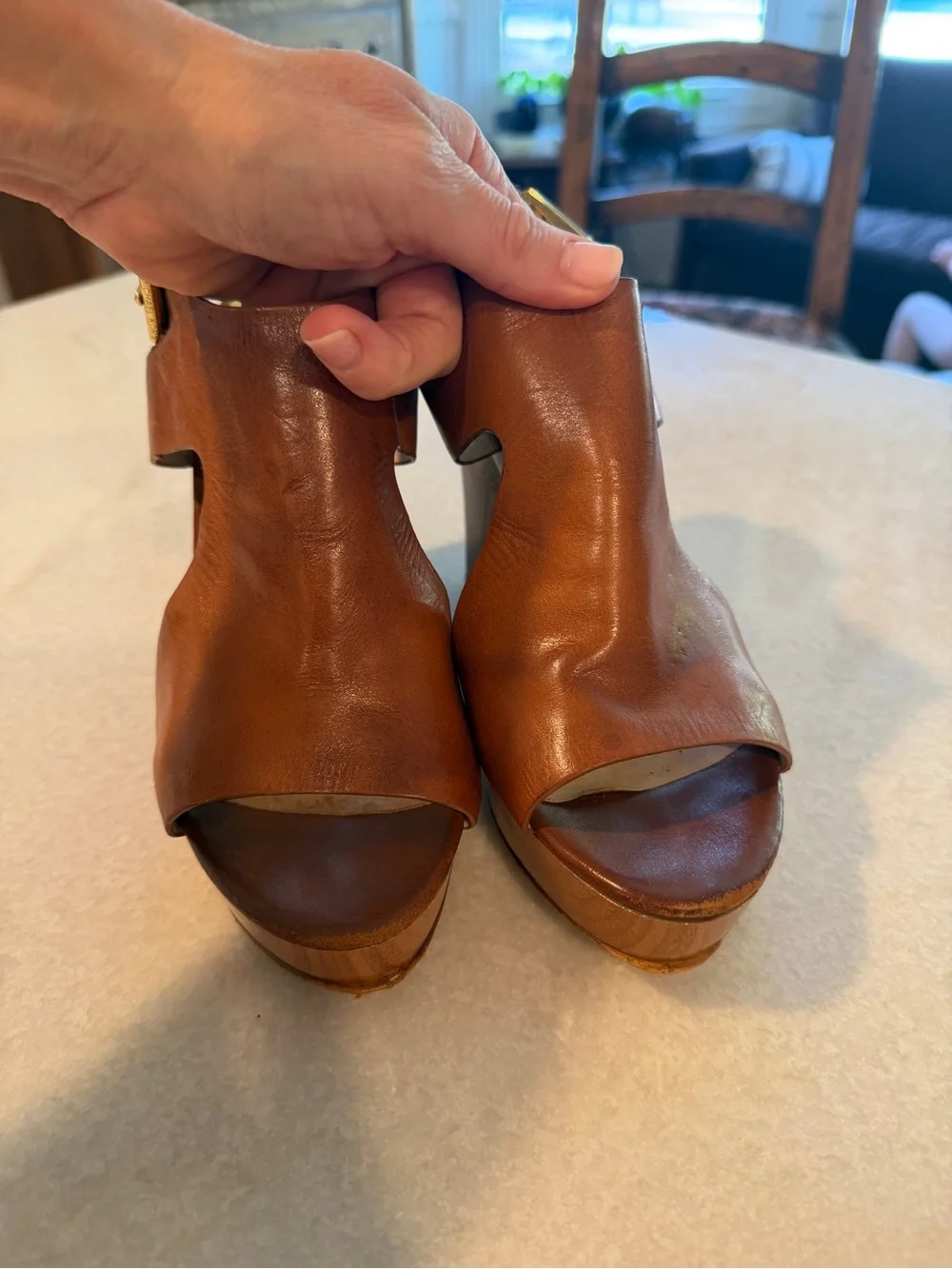 Michael Kors Cognac Leather Cutout Wedge Sandals with Gold Buckle